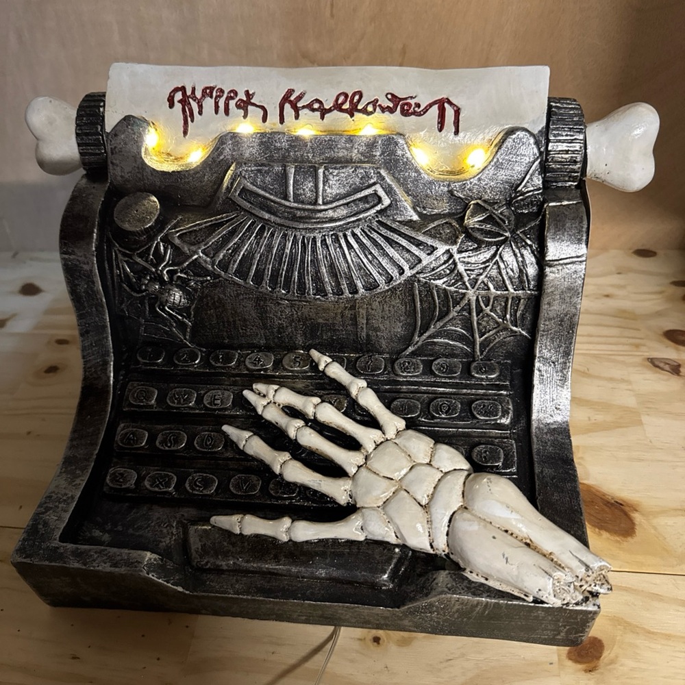 LED Halloween Typewriter w Skeleton Hand Resin Prop Eerie Spooky Decor NEW